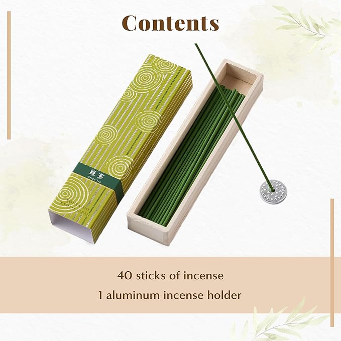 Hasegawa Hyakurakuko Premium Japanese Sandalwood Incense - Long Type, 40 Sticks with Aluminum Holder, 20-30 Min Burn Time, Made in Japan 線香 百楽香 (Green Tea)