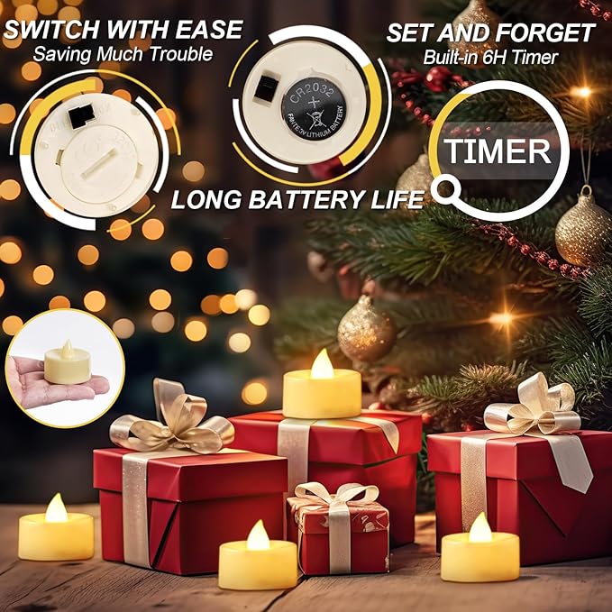 BEICHI 24-Pack Timer Tea Lights Candles Battery Operated, LED Tea Lights, Built-in 6 Hours Timer, Flameless Fake Candles, Tea Light Flickering Votive Candle 1.5'' D x 1.3'' H (Ivory Shell)