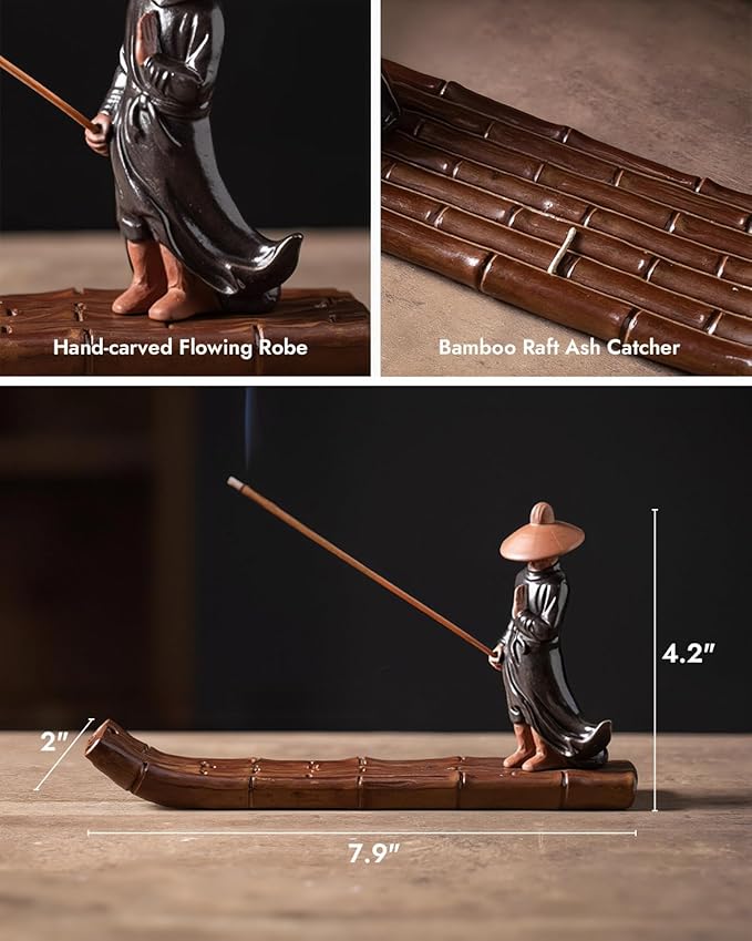 Ceramic Incense Stick Holder with Ash Catcher - Kung Fu Samurai on Bamboo Raft, Chinese & Japanese Home Decor for Meditation, Spa, Yoga