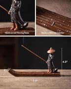 Ceramic Incense Stick Holder with Ash Catcher - Kung Fu Samurai on Bamboo Raft, Chinese & Japanese Home Decor for Meditation, Spa, Yoga