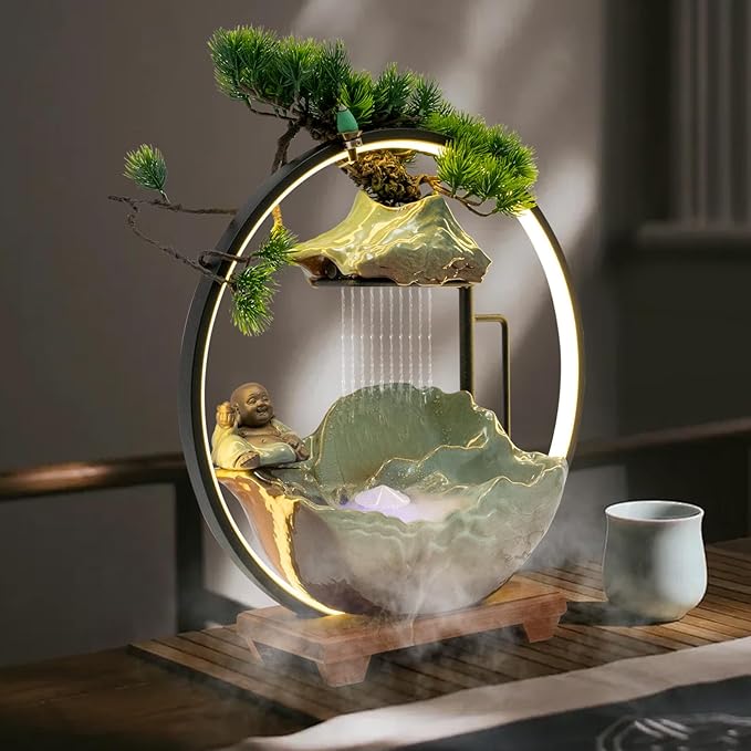 Backflow Incense Holder with Water Fountains and LED Light, Rockery, Maitreya and Plants Perfect for Relaxing or Home Decor (Maitreya witn Rockery)