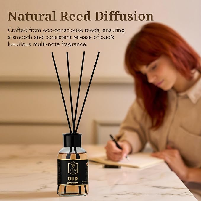 Oud Diffuser Set with Sticks - Reed Diffuser for Bathroom, Bedroom, Office, Living Room - Woody Aromatics for Home Aromatherapy - Luxury Fragrance Sticks Diffuser Set - 3.72 fl oz