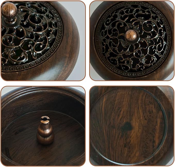 Incense Burner with Stick Holder for Sticks Cones and Coils, Black Walnut Wooden Incence Holder for Meditation Yoga Spa Room Home Decor