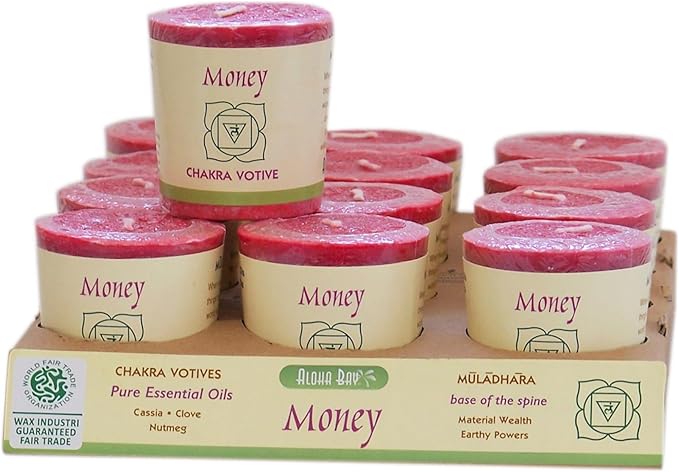 Premium Scented Hand Made Chakra Energy Candle | Votive 12-pack |Money, Muladhara| Yoga, Prayer & Meditation Candle | Long Burn |Essential Oils of Cassia, Clove & Nutmeg | Aloha Bay