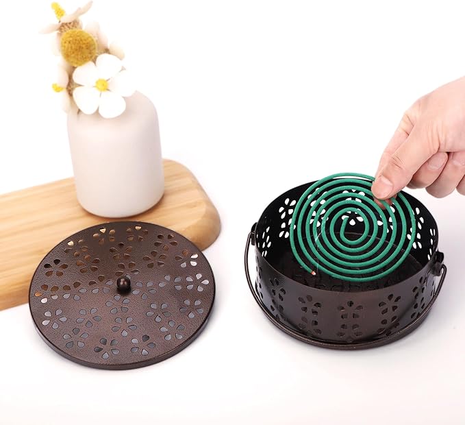 Portable Mosquito Coil Holder with Handle Round Heat-Resistant Iron Incense Coil Holder (Bronze)