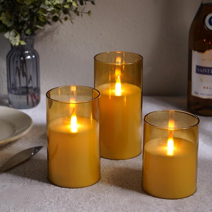 Flameless Candles, LED Candles with Remote Control and Timer, New True Analog 3D Wick Battery-Powered Acrylic Column Candle for Romantic Ambiance and Home Décor, Set of 3 (Gold)
