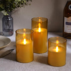 Flameless Candles, LED Candles with Remote Control and Timer, New True Analog 3D Wick Battery-Powered Acrylic Column Candle for Romantic Ambiance and Home Décor, Set of 3 (Gold)