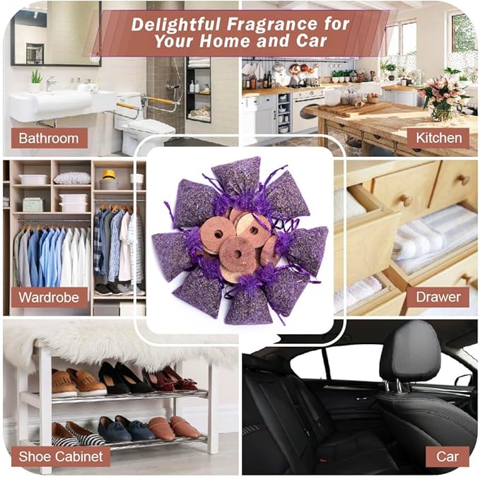 Pack of 16 Cedar Blocks and 8 Lavender Flower Sachets Craft Bag, Drawer Freshener, Linen, Shower Favor, Wedding and More, LV-E-LC-1