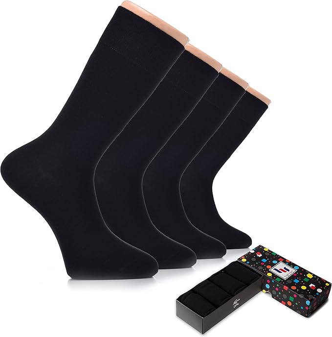 Hugh Ugoli Men's Cotton Dress Socks for Business & Trouser, Thin & Seamless Crew Socks, 4 Pairs with Gift Box, Shoe Size 8-12