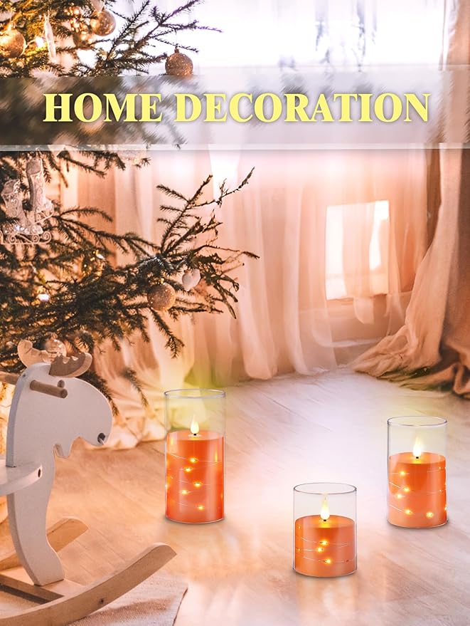 Flashing Flameless Candles with String Light, Battery Powered Candle, Recessed String LED Candle, Indestructible Plexiglass Candles with Remote Control, Set of 3, Orange