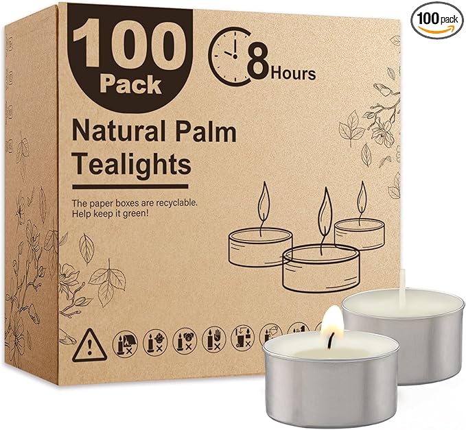 Unscented Palm Tea Lights Candles 100 Pack Bulk, 8 to 9 Hours Long Burning White Tea Lights,Non-Paraffin, Smokeless, Mini Tealight Candles for Wedding, Christmas Lights, Party, Power Outages