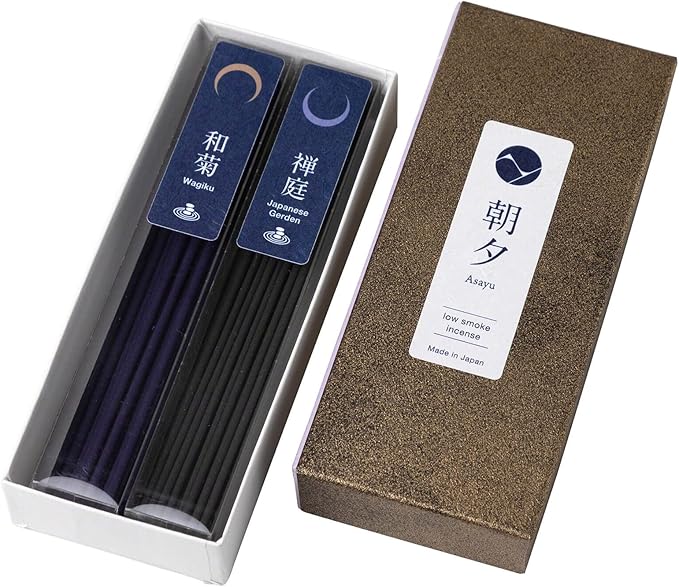 Asayu Japan Low Smoke Incense Sticks - Zen Set (Japanese Garden + Wagiku Chrysanthemum), 40gr (Each Scent 20g), for Yoga, Zen Meditation and Relaxation - Smokeless for Less Irritation