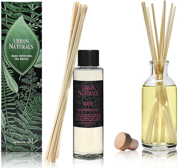 Urban Naturals Reed Diffuser Oil Refill, Oud Diffuser Oil with Raspberry, Warm Amber, Bergamot, 4 oz + Free Reed Sticks, Made in The USA