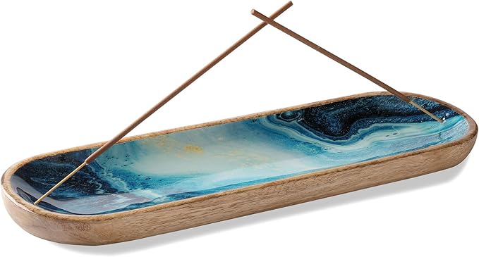 Folkulture Incense Holder for Sticks or Incense Burner | Insence-Stick Holder for Men or Her, Modern Ash Catcher or Insense for Table Décor, Wooden Incense Tray for Sticks, Mango Wood -12 Inches, Blue