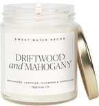 Sweet Water Decor Driftwood and Mahogany Soy Candle - Warm Mahogany, Fresh Lavender, Geranium, and Teakwood Scented Candles for Home - 9oz Clear Jar + Gold Lid, 40+ Hour Burn Time, Made in The USA