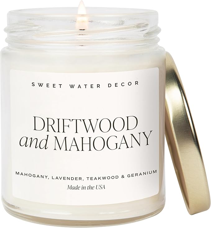 Sweet Water Decor Driftwood and Mahogany Soy Candle - Warm Mahogany, Fresh Lavender, Geranium, and Teakwood Scented Candles for Home - 9oz Clear Jar + Gold Lid, 40+ Hour Burn Time, Made in The USA