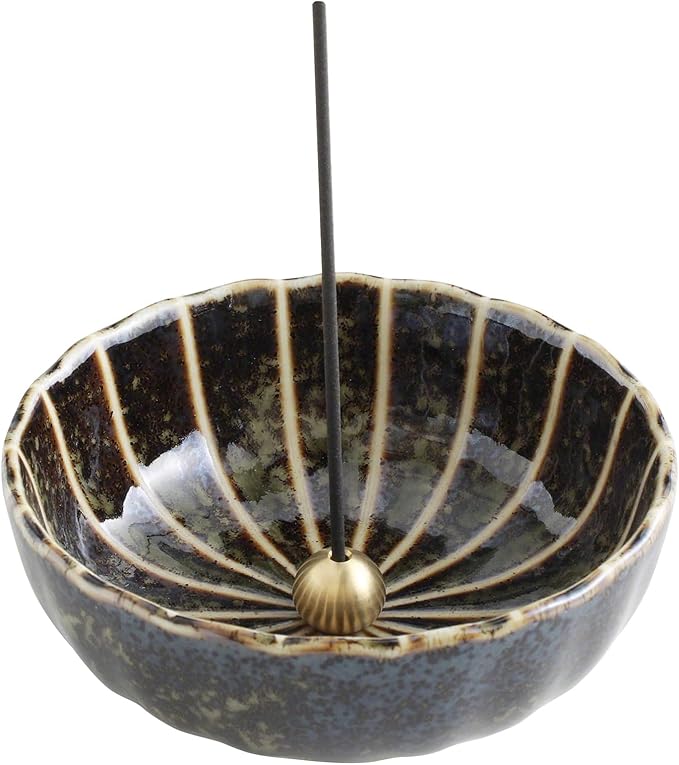 Asayu Japan Lotus Incense Holder for Sticks 4.1 inch (105mm), Traditional Made in Japan Ceramic Ash Catcher and Brass Incense Burner Set - Green Lotus