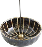 Asayu Japan Lotus Incense Holder for Sticks 4.1 inch (105mm), Traditional Made in Japan Ceramic Ash Catcher and Brass Incense Burner Set - Green Lotus