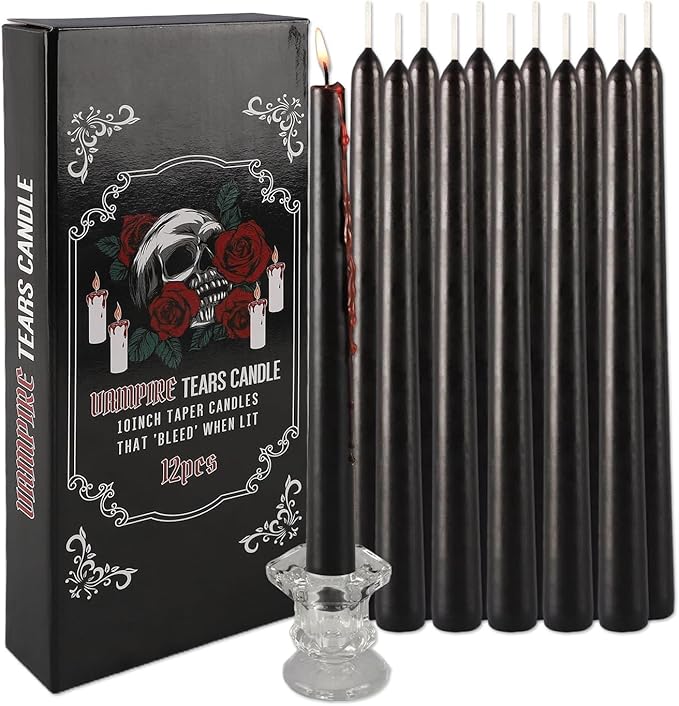 12PCS 10-Inch Black Bleeding Taper Candles,Vampire Tears Taper Candles- Unscented Ideal for Gothic Rituals Halloween, Christmas, Rituals, and Themed Party Decor