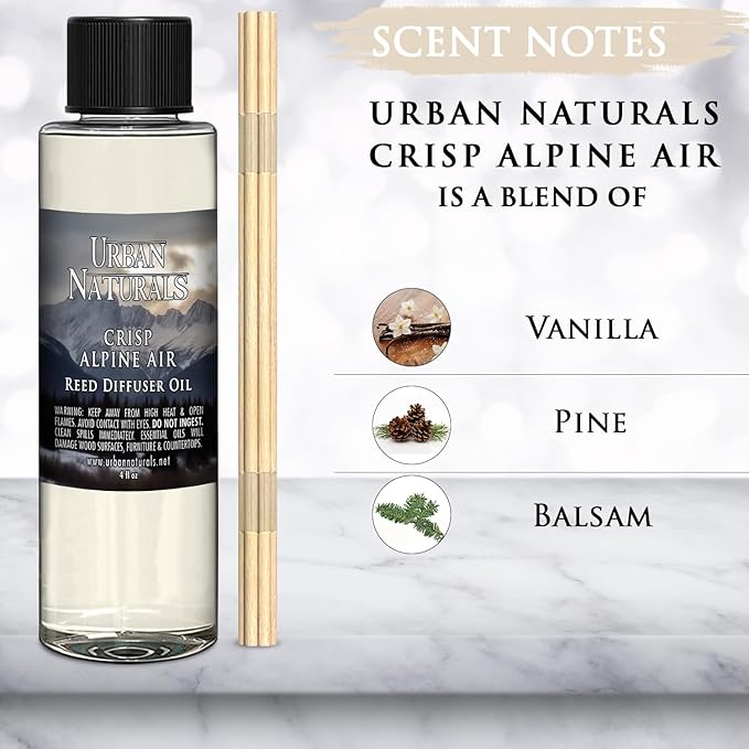 Urban Naturals Reed Diffuser Oil Refill, Crisp Alpine Air Diffuser Oils with Eucalyptus, Pine, Citrus, 4 oz + Free Reed Sticks, Made in The USA