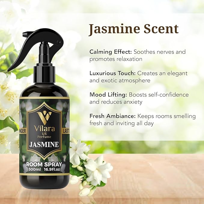 Vilara US Room Spray Freshener – Long-Lasting Luxury Perfume Scent, Linen & Fabric Spray for Bedding, Furniture, Home & Bedroom Aromatherapy – 16.9 fl oz (Jasmine Pack 3)