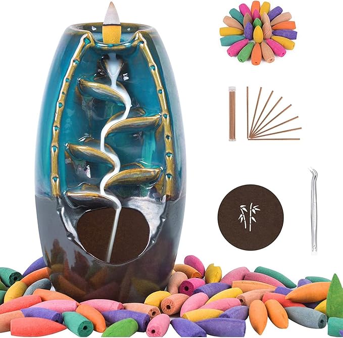 Ceramic Backflow Incense Holder and Burner Waterfall, Incense Fountain with 120 Incense Cones & 30 Incense Stick, Aromatherapy Ornament, Zen Decor, Home Decor, Blue
