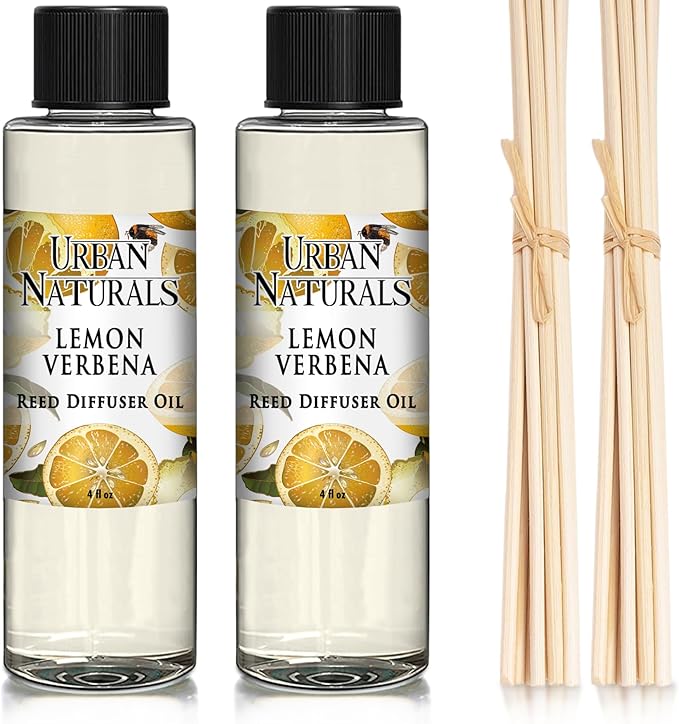Urban Naturals Lemon Verbena Scented Oil Reed Diffuser Refill | Includes a Free Set of Reed Sticks, 4 oz (2 Pack)