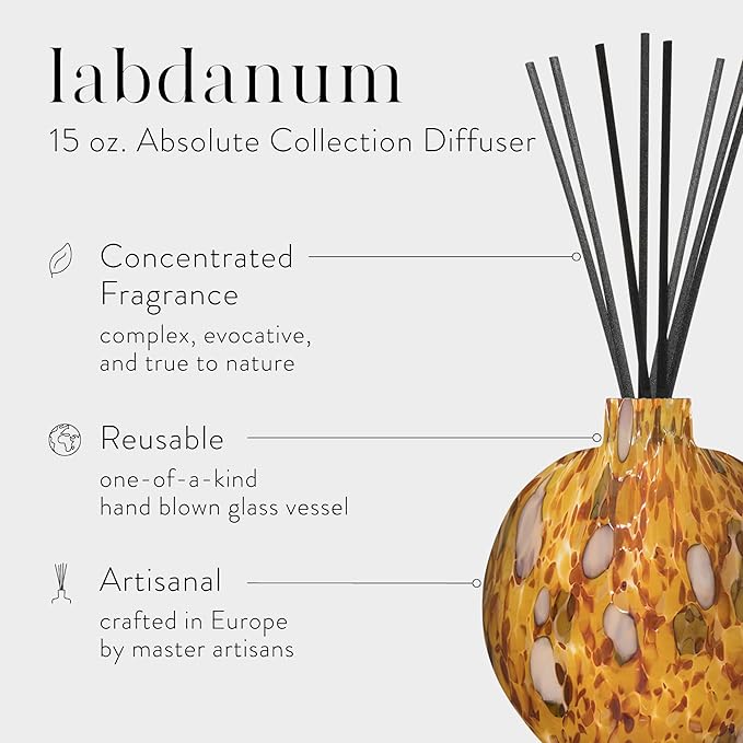 LAFCO New York Absolute Collection Reed Diffuser, Labdanum - 15 oz - Up to 1 Year Fragrance Life - Reusable, Hand Blown Glass Vessel - Nylon Reeds - Made in The USA