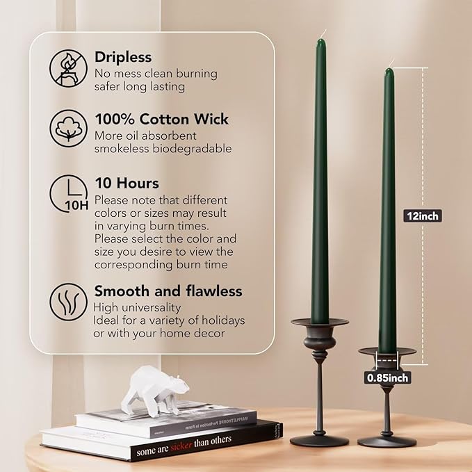 New Burning Formula Unscented Dripless 12-Inch Taper Candles Set of 12 - Dark Green, for Wedding, Dinner - Smokeless, Long Burning - Hand Poured, Colored Tall Candlesticks - Verde Oscuro