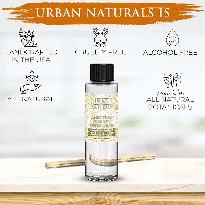 Urban Naturals Reed Diffuser Oil Refill Christmas Morning, Rosemary, Eucalyptus, Balsam Spruce, Orange, Essential Oils, 4 oz + Free Reed Sticks, Made in The USA