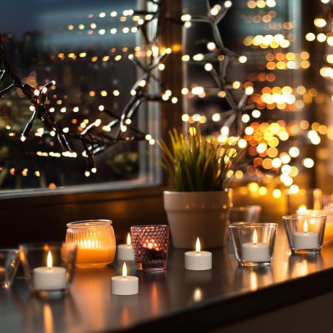 Rechargeable Tea Lights Candles Battery Operated, 12 Pcs White Battery Tea Lights with Remote and Charging Base, LED Flickering Tealights for Halloween Fall Christmas Decoration