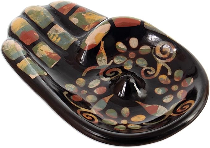 NOVICA Artisan Handmade Ceramic Incense Holder Colorful Hamsa Amulet Black Multicolor Peru 'Colorful Hamsa'