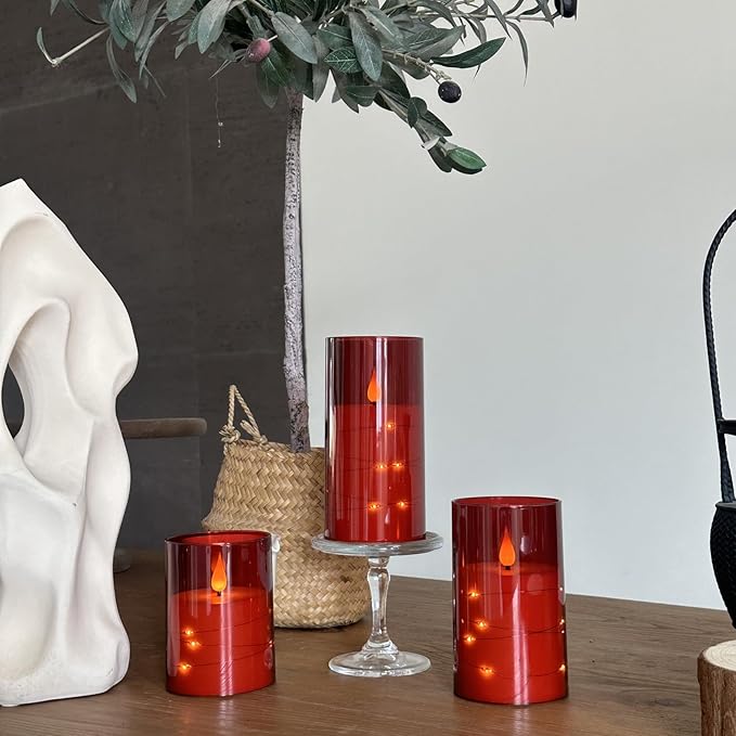 Flashing Flameless Candles with String Light, Battery Powered Candle, Recessed String LED Candle, Indestructible Plexiglass Candles with Remote Control, 3 Piece Set, Red