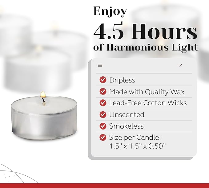 100 Pack Tealight Candles in Metal Cups - Clean, White Unscented with 4.5 Hour Long Burning Time - Votive Candles Bulk for Romantic Dinner, Weddings, Spa & Hotels by PARNOO
