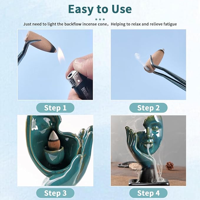 YYW Ceramic Incense Holder,Meditative Backflow Waterfall Incense Burner,Face Thinking Incense Waterfall with 20 Backflow Incense Cones + 30 Incense Stick for Women Men Room Decor