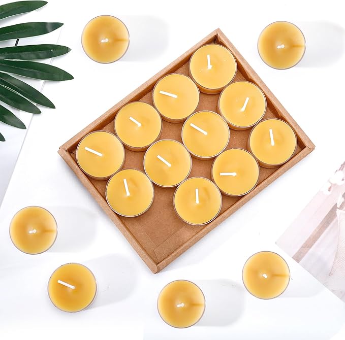 24 Pack Beeswax Tealight Candles,Natural Beeswax Candles Bulk 4 Hour Burn Time,Yellow Tea Lights Candle for Home Decoration,Wedding,Party, Centerpiece