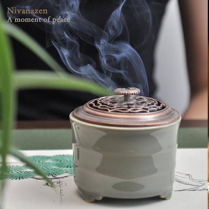 Ceramic Incense Holder with Beauty Lid,Coil Incense Burner for Cone and Powder Incense,Mediation Gift,Home Decor（Light Green）