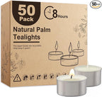 Unscented Palm Tea Lights Candles 50 Pack Bulk, 8 to 9 Hours Long Burning White Tea Lights,Non-Paraffin, Smokeless, Mini Tealight Candles for Wedding, Table Centerpiece, Party, Power Outages