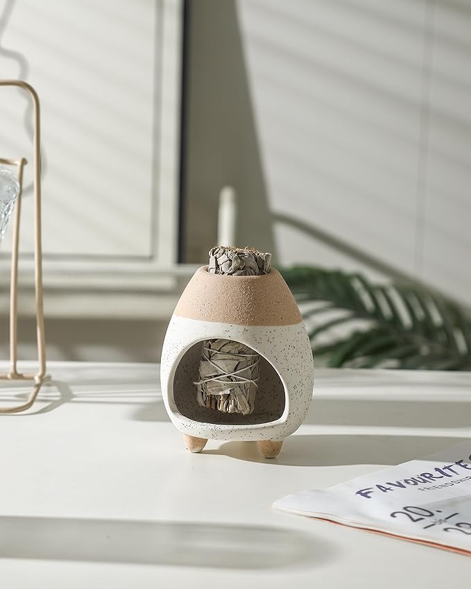 Palo Santo Holder Burner, Handcrafted Ceramic Incense Holder Burner and Ash Catcher for Palo Santo Sticks or sage Bundles, Smudge Bowl, Meditation Home Decor (White Yellow)