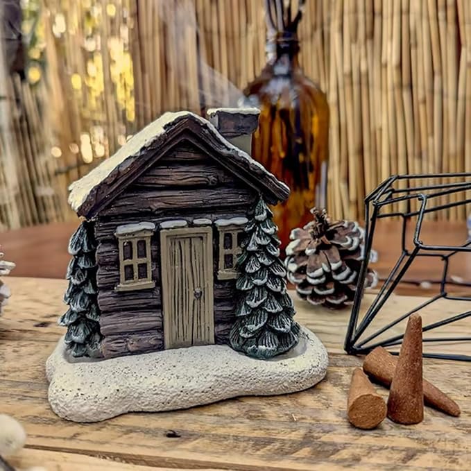 Log Cabin Incense Burner with Smoking Chimney, Resin Christmas Log Cabin Incense Cone Burner, Snowy Winter Rustic Aromatherapy Incenses Holder, Home Tabletop Christmas DecorIncense Burner(1PC)