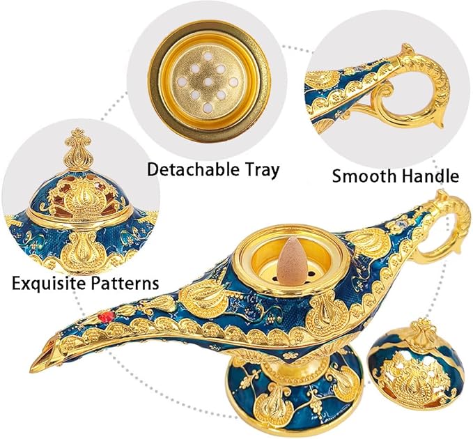 Vintage Aladdin Genie Lamp Cone Incense Holder,Legend Magic Lamp Incense Burner Arabian Costume Props,Wishing Light for Home Decor Birthday Party Wedding Blue