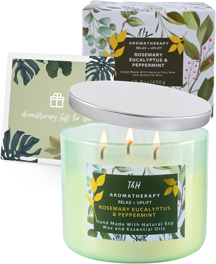 Rosemary Eucalyptus Peppermint Candle | Highly Scented Large 3 Wick Soy Candle 15.8 oz | Uplifting Eucalyptus Mint Scented Candles for Home | Aromatherapy Stress Relief Spa Candles for Men & Women