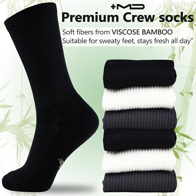 +MD Crew Socks for Men 6 Pairs, Viscose Bamboo Socks, Mens Dress Socks with Soft Cushioned, Smell Control, Black White