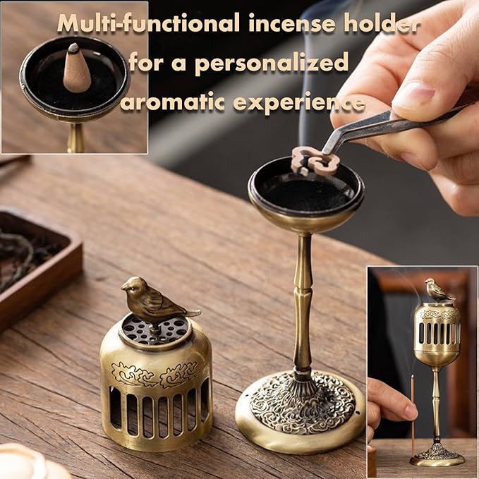 Antique Golden Magpie Lantern Incense Burner, Multi-Use Decorative Incense Holder, Elegant Zinc Alloy Craftwork, Ideal for Meditation, Relaxation, and Home Decor (Golden Magpie)