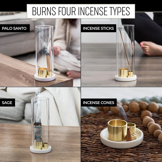 4 in 1 Ceramic Incense Burner with Glass Ash Catcher, Incense Holder for Sticks, Palo Santo, Sage and Cones - Ceramic Ash Catcher Tray for Meditation Yoga Room Home Decor - White