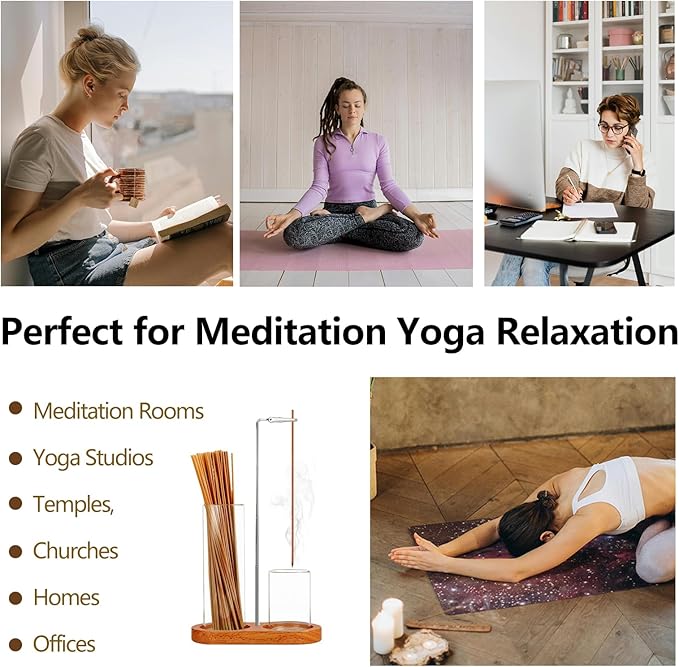 2 in 1 Incense Holder for Sticks(Height Adjustable), Anti-Ash Flying Insence-Sticks Burner with Glass Incense Holder Organizer for Meditation Yoga Spa Home Decor Sage (Silver Metal Rod)