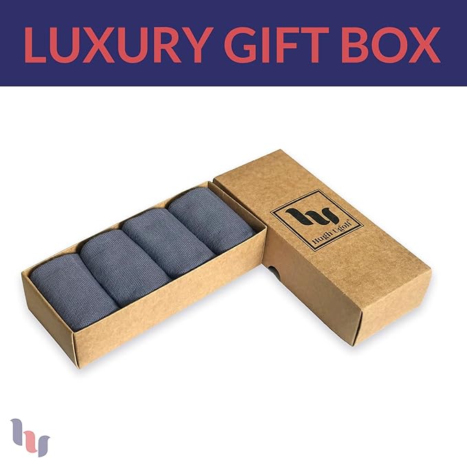 Hugh Ugoli Men's Bamboo Dress Socks for Business & Trouser, Thin & Seamless Crew Socks, 4 Pairs with Gift Box, Shoe Size 8-12