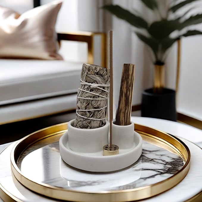 4 in 1 Incense Holder, Palo Santo Stick Holder,Sage Holder for Burning- 4.25" Sage Incense Holder for Meditation Room Home Decor (White Speckles)