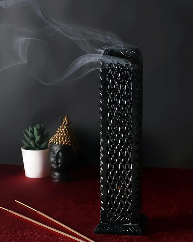 Handmade Black Soapstone Incense Stick Tower Holder | Marble Incense Stick Tower Burner Holder Spa Aromatherapy Home Office Fragrance Accessories Home Office Decor - (11 X 3 Inches)