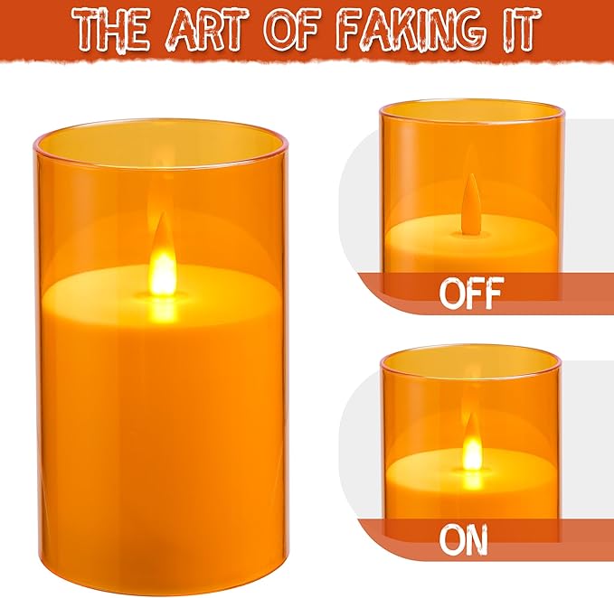 Flameless Candles, LED Candles with Remote Control and Timer, New Real Flickering 3D Wick Battery-Powered Acrylic Column Candles for Romantic Ambiences and Home Décor, Set of 3 (Orange)